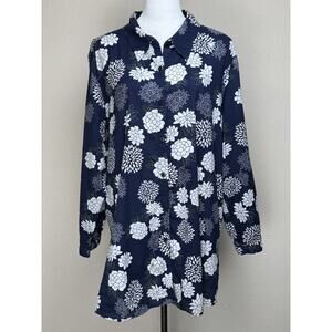 Susan Graver Women’s Plus Sz 2X Cotton Shirt Button Down Floral Print Navy White